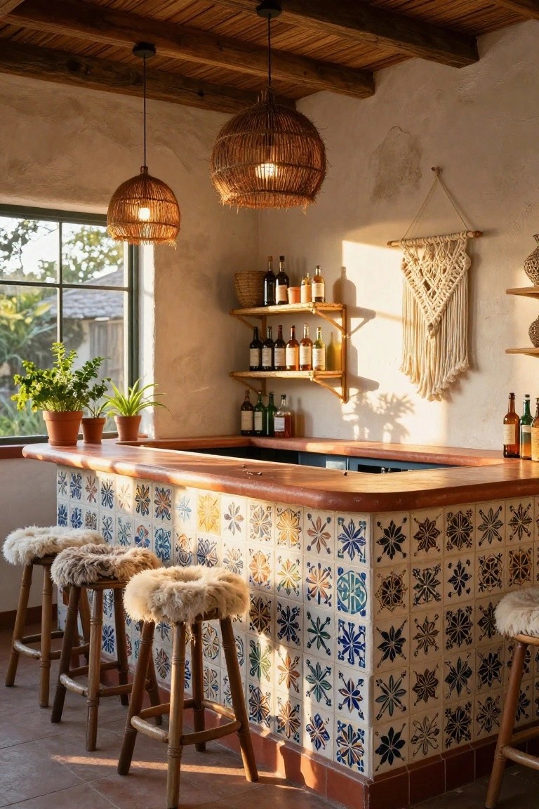 Sunlit rustic interior bar room with wooden beam ceiling, rattan pendant lights, macrame wall hanging, bottle shelves, potted plants, wooden bar counter with colorful blue and white floral patterned tiles on the front, and wooden stools with white sheepskin seats.