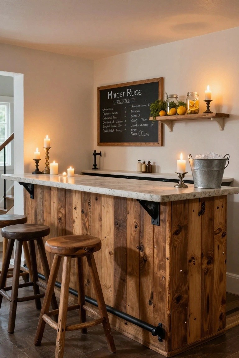 Rustic wooden bar counter with vertical plank front, two wooden stools, marble top, chalkboard menu sign on wall above, candles, jars, and ice bucket nearby in a warmly lit interior room.