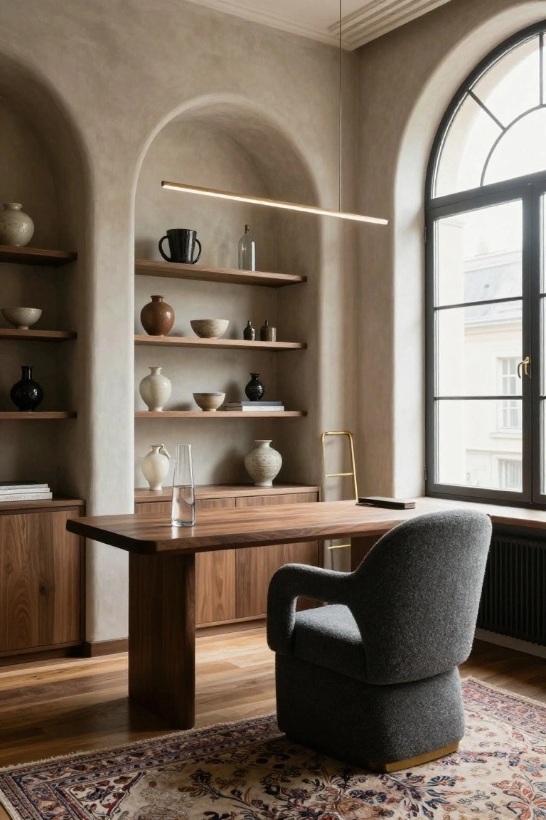Modern home office with large wooden desk, gray upholstered swivel chair, arched plaster walls with built-in shelves displaying ceramics and pottery, wooden cabinets, and a large arched window.
