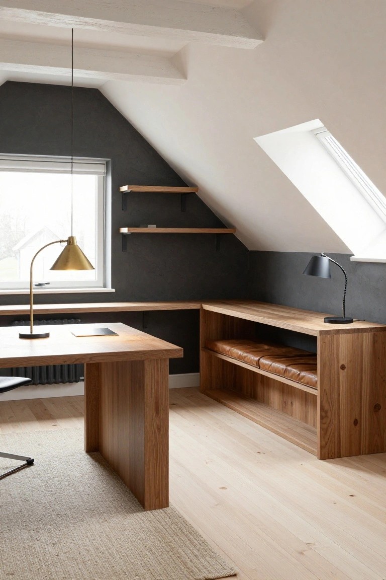 Attic home office featuring wooden L-shaped desk, built-in shelving with leather bench seat, brass gooseneck lamp on desk, black desk lamp on shelves, sloped ceilings, and light wood floors.