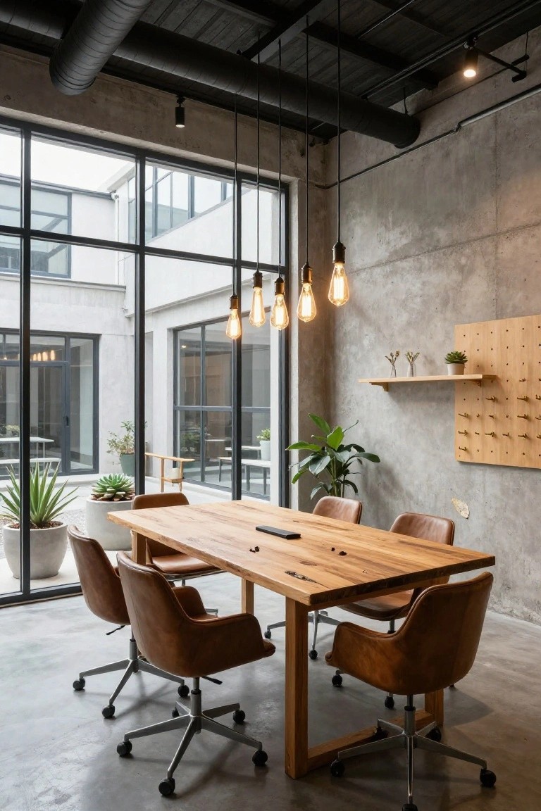 Modern office interior with gray exposed concrete walls, long rectangular wooden table, tan leather swivel chairs on casters, hanging Edison bulb pendant lights, potted plants, and large windows facing a courtyard.