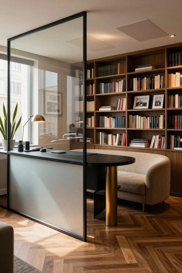 Modern interior office with tall black-framed clear glass partition dividing a black desk ledge from wooden bookshelves, a curved beige sofa, potted plant, desk lamp, and herringbone parquet flooring.