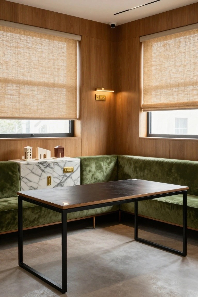 Corner of a modern office with light wood-paneled walls, two windows with beige roller blinds, green velvet L-shaped sofa, black metal table, marble cabinet with small building models, wall lamp, and ceiling security camera.