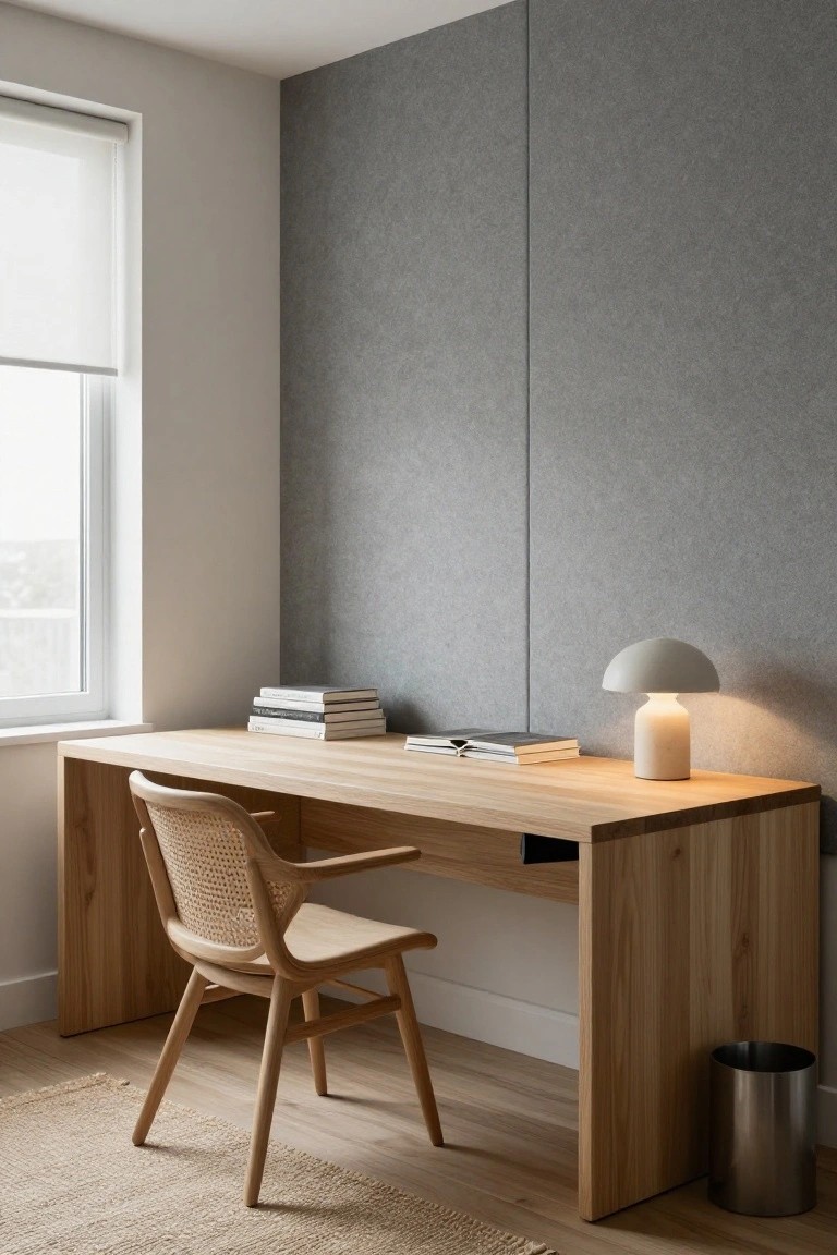 Modern home office interior with large oak desk, rattan armchair, stacked white books, white mushroom lamp, gray textured wall, roller blind window, and metal trash can.