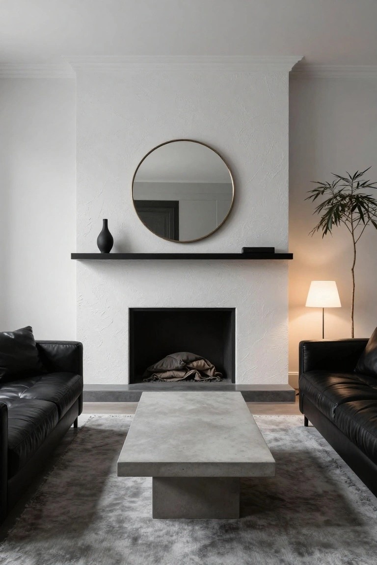 Modern minimalist living room with two black leather sofas facing a white textured fireplace wall, gold round mirror above a black shelf, concrete coffee table on gray rug, and floor lamp with potted plant.