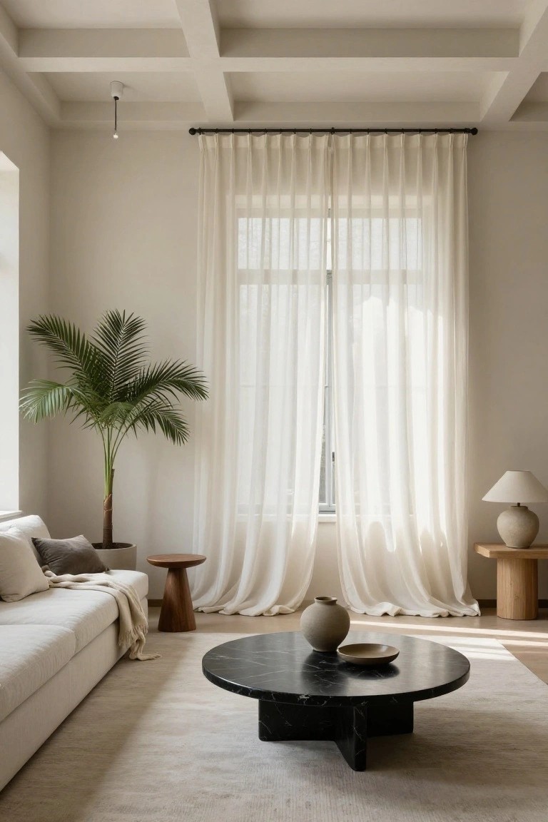 Minimalist living room with white sofa, round black marble coffee table topped with vase and dish, potted palm plant, wooden side tables and stool, beige lamp, sheer white curtains over window, and light rug.