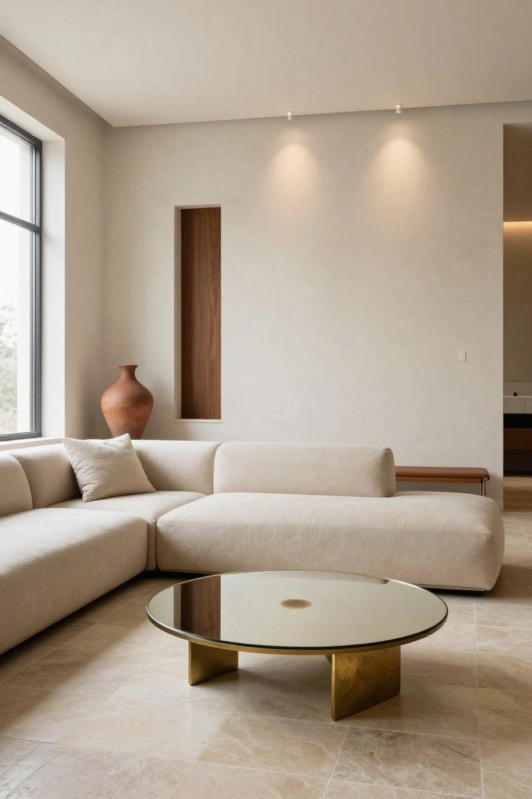 Minimalist living room with large L-shaped cream sofa, round glass-topped coffee table on geometric brass legs, recessed vertical wood wall panel, terracotta vase, leather bench, large window, and light beige tile floor.