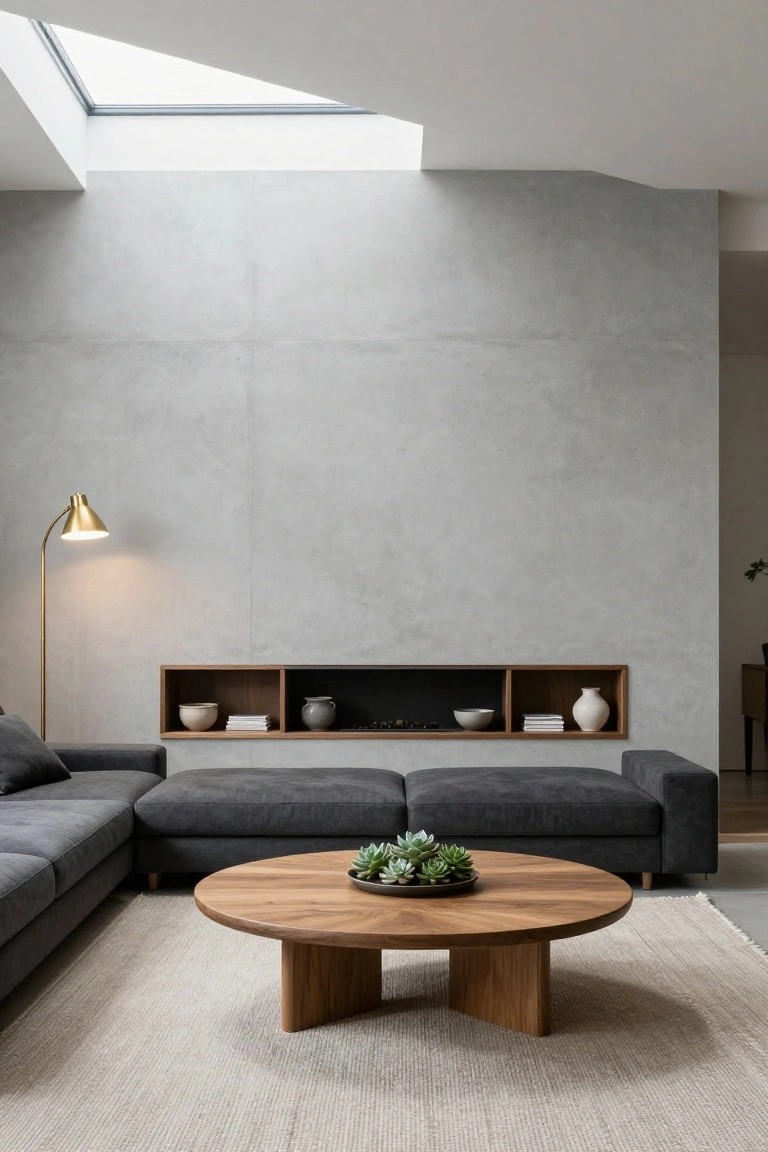 Modern living room with gray textured concrete accent wall featuring recessed fireplace, flanked by wooden shelves with white ceramic pots and books, dark gray L-shaped sofa, round wooden coffee table with succulents on beige rug.