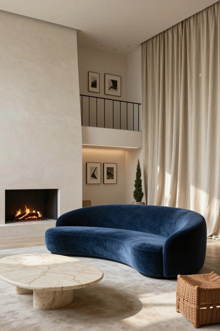 Modern minimalist living room with curved navy blue velvet sofa, oval travertine coffee table, fireplace, tall beige linen curtains, and woven stool on light carpet.