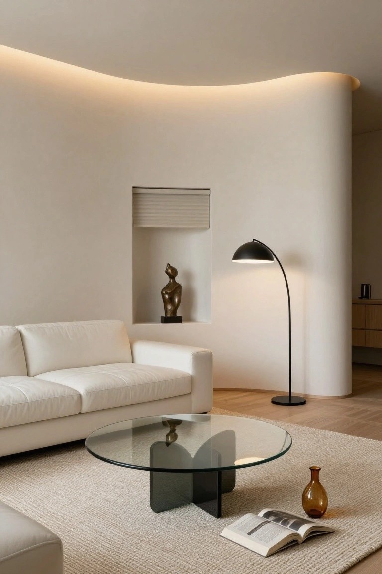 Modern minimalist living room with curved white walls and ceiling, white L-shaped sofa, black sculptural glass coffee table, black arc floor lamp, bronze figure sculpture in wall niche, and beige wool rug on light wood floor.