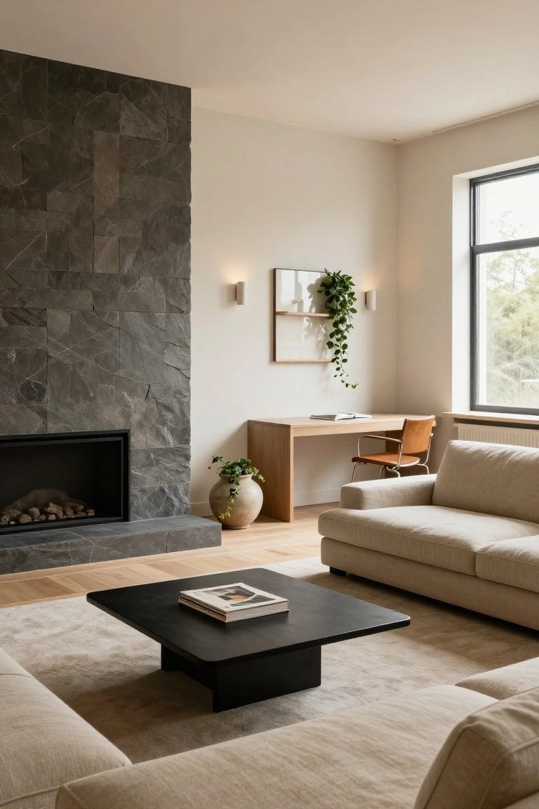 Modern living room with dark textured stone wall and fireplace on one side, beige L-shaped sofa, black wooden coffee table, wooden desk with leather chair by window, plants, and light oak flooring.
