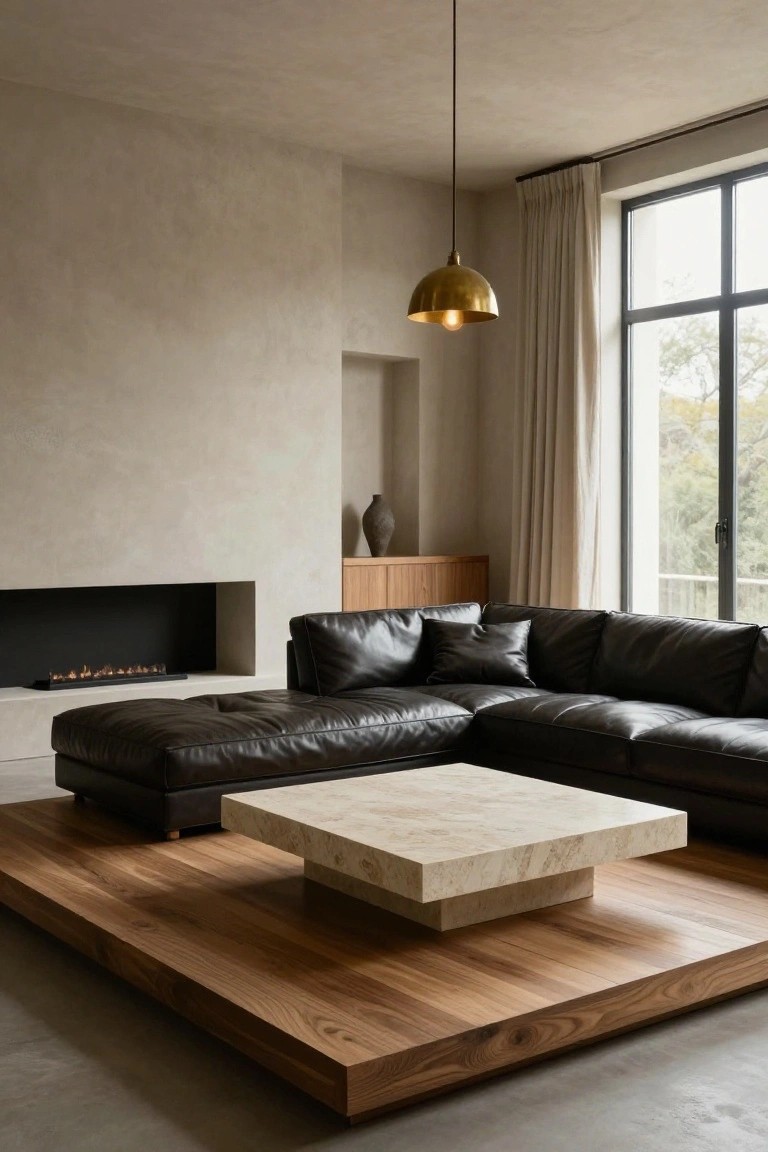 Modern living room with beige textured walls, gas fireplace, black leather L-shaped sofa on raised wooden platform, square travertine coffee table, gold pendant light, wooden cabinet with vase, large window with cream curtains overlooking trees.
