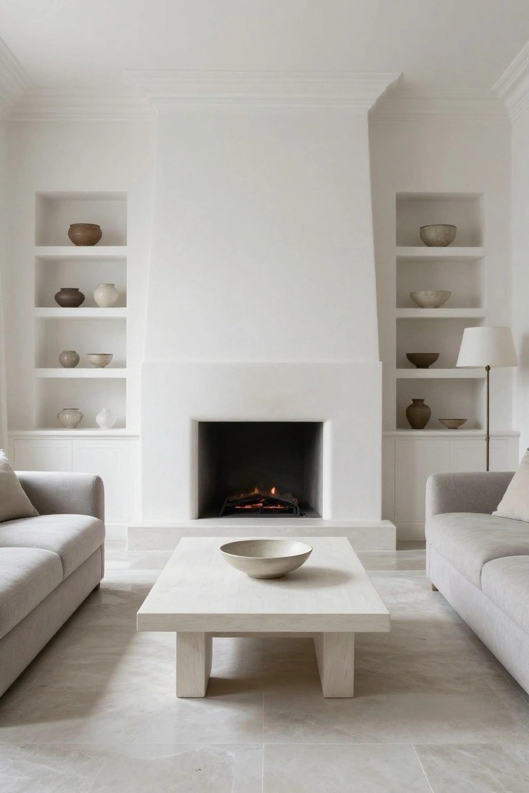A minimalist white living room with a central fireplace flanked by built-in shelves displaying ceramic vessels, light gray sofas facing each other, a low white coffee table with a bowl on top, and light gray marble flooring.