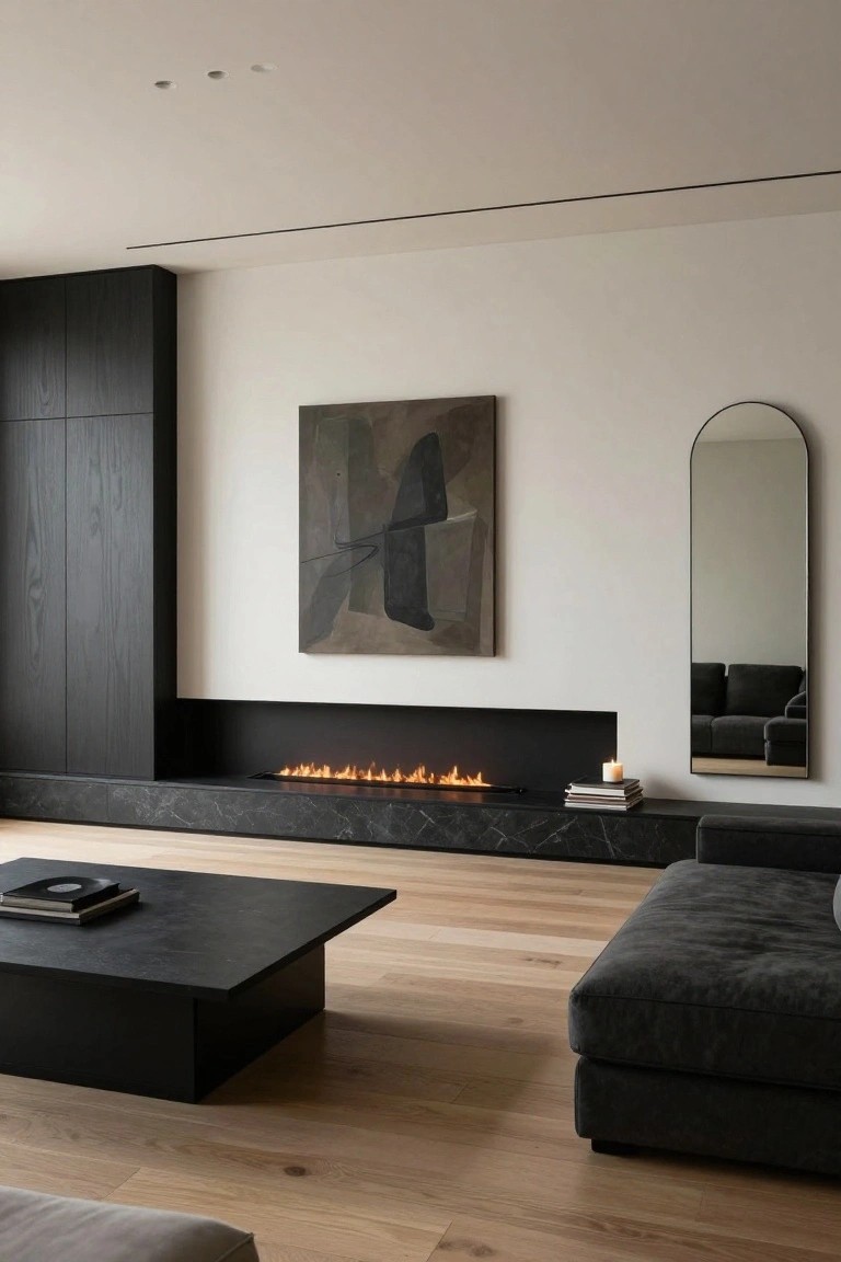 Modern minimalist living room with linear gas fireplace on black marble hearth flanked by black wood cabinets, arched mirror, abstract wall art, low black coffee table, stacked books and candle on hearth, and low gray sofa on oak wood floor.
