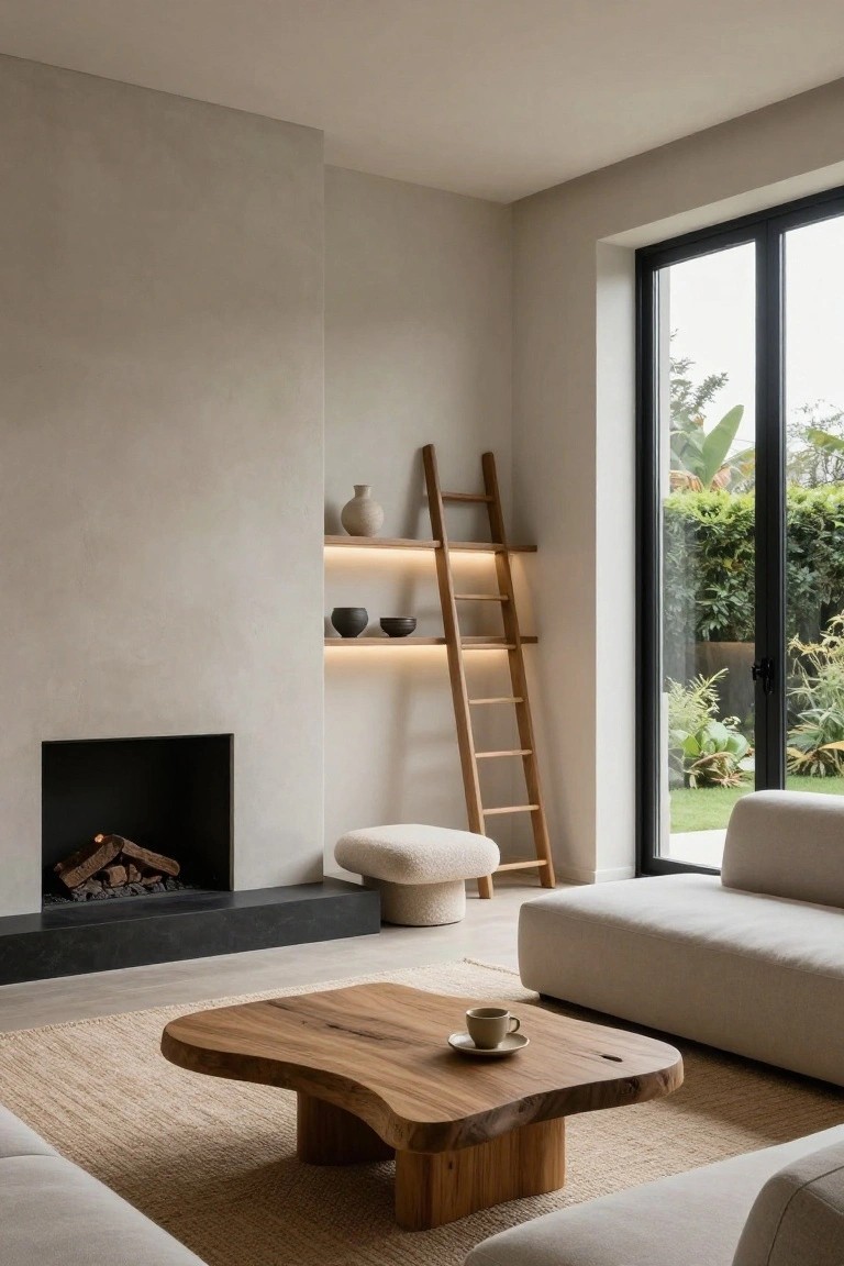 Minimalist living room with beige walls, black fireplace and ladder shelf holding ceramics, freeform wooden coffee table with a teacup, cream sofas, seagrass rug, and large black-framed doors to a green garden.