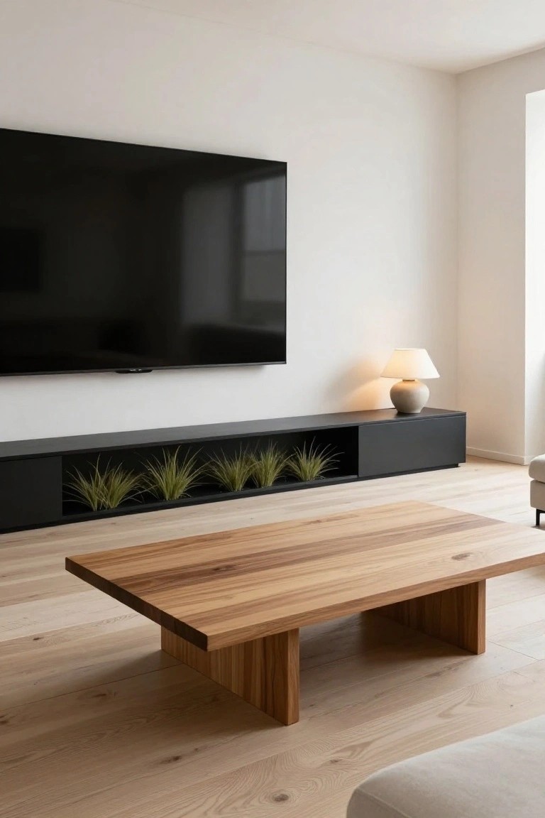 Modern living room with wall-mounted black TV above a long black media console containing potted grasses, low wooden coffee table, beige lamp on console, and light wood floors.