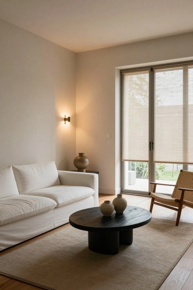 A minimalist beige living room with a white slipcovered sofa, black drum-shaped wooden coffee table holding two ceramic vases, rattan armchair, large potted vase nearby, wall sconce light, and sliding glass doors with sheer blinds showing a garden view.