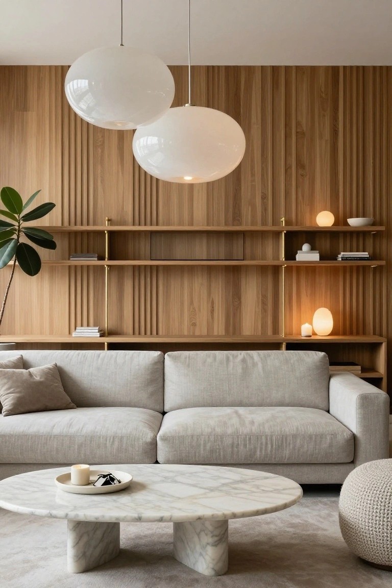 Modern minimalist living room with vertical slatted oak wood wall paneling, light gray L-shaped sofa, round white marble coffee table, hanging white globe pendant lights, built-in wooden shelving, potted plant, and beige rug.