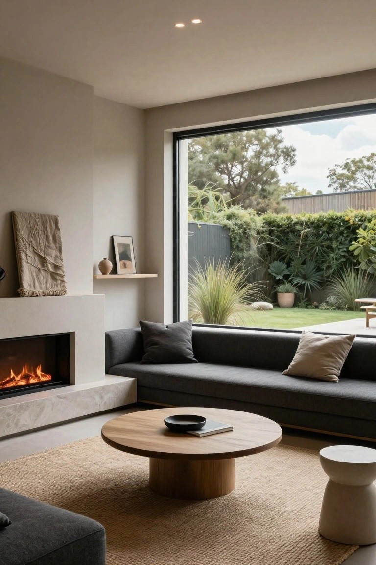Modern minimalist living room with built-in linear gas fireplace on marble hearth, dark gray L-shaped sofa with beige and gray pillows, round wooden coffee table on seagrass rug, floating shelves, draped fabric on wall, and large window to garden.