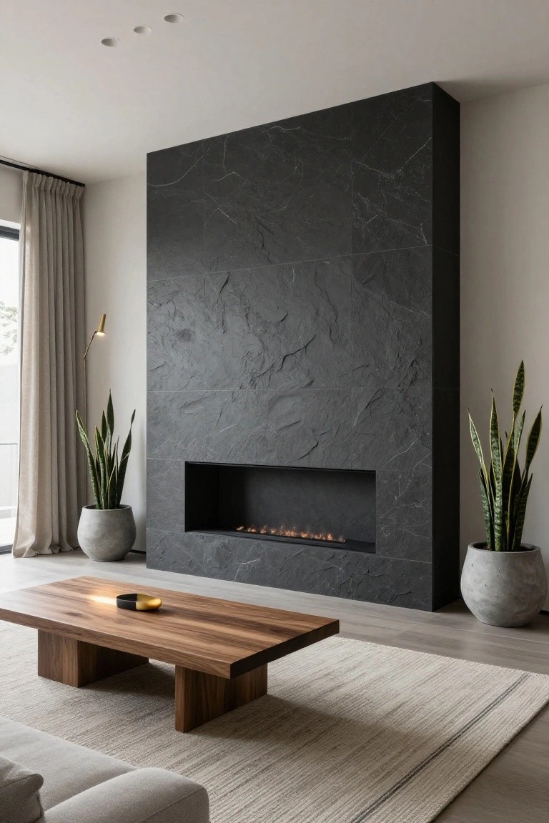 Modern living room with tall black veined stone wall and recessed linear gas fireplace, flanked by two large potted snake plants in gray pots, wooden coffee table, beige sofa, neutral rug, and light oak floors.