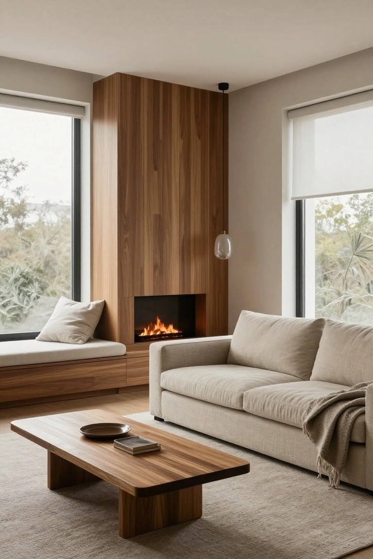 Modern living room with tall light wood vertical panel wall incorporating gas fireplace and built-in cushioned bench, light beige sofa with throw, wooden coffee table on light rug, and large windows with blinds overlooking trees and plants.