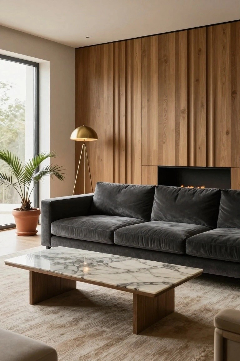 Modern living room featuring a gray velvet sofa, white marble coffee table with wood legs, potted palm plant, gold tripod floor lamp, built-in fireplace in vertical wood slat wall, and large window with view of trees.