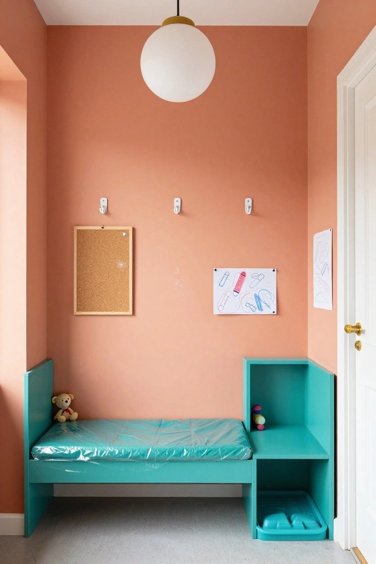 Peach hallway nook with turquoise built-in bench, plastic-covered mattress, teddy bear, toys in shelf, corkboard, children's drawings on walls, hooks, and white door with gold knob.
