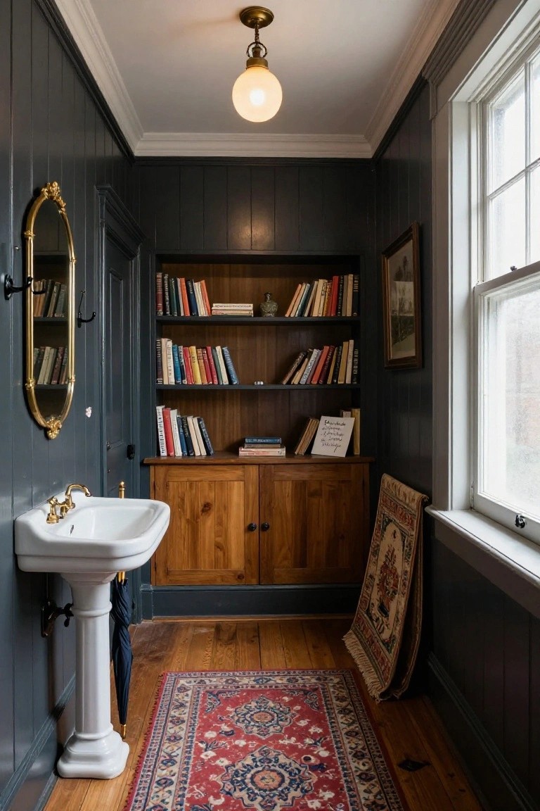 Narrow hallway with dark gray paneled walls, wooden bookshelves and cabinet, white pedestal sink, gold-framed mirror, Persian rug on hardwood floor, and umbrella by the wall.
