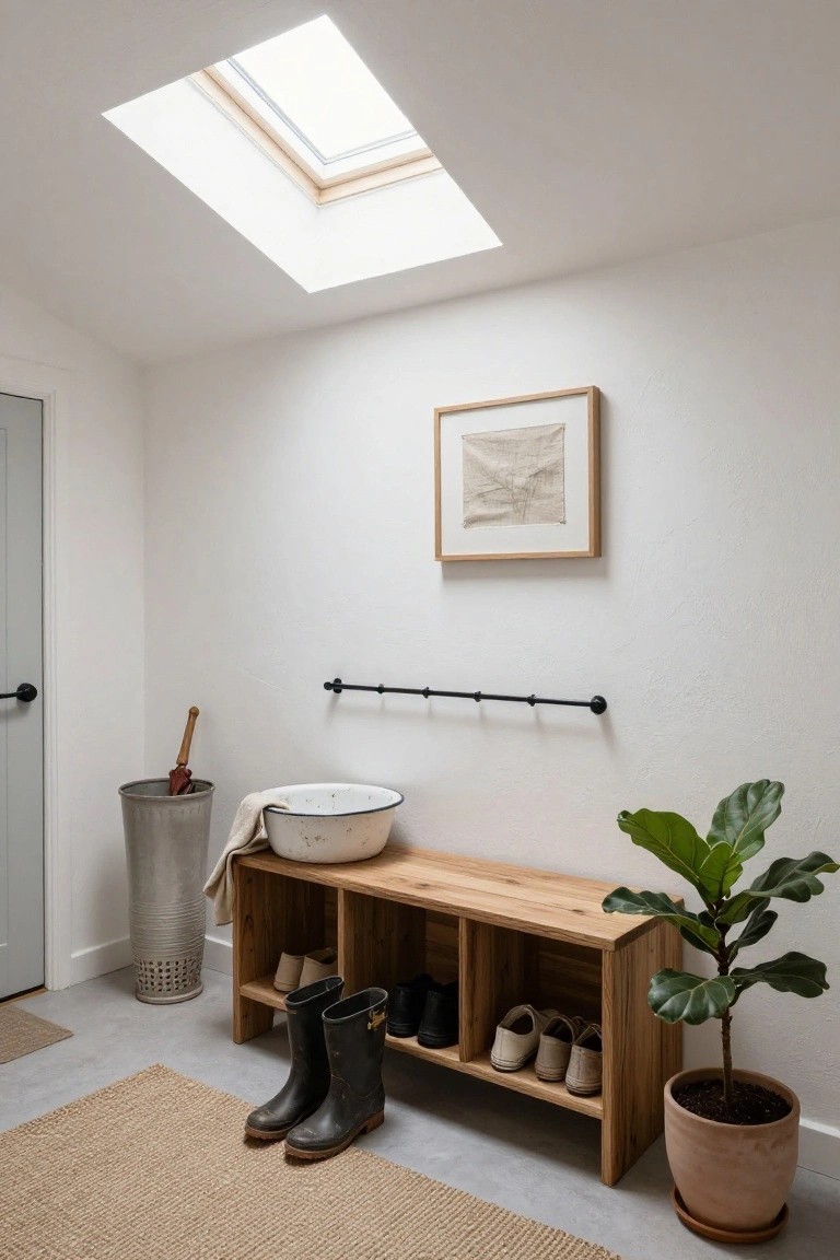 Bright white entryway with skylight overhead, wooden bench featuring cubbies holding boots and shoes, umbrella stand, white enamel basin, potted fiddle leaf fig plant, and black wall hooks.