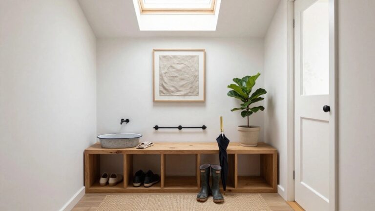 23 Smart Hall Interior Design Ideas For A More Put Together Space Bright white entryway with skylight overhead, wooden bench featuring cubbies holding boots and shoes, umbrella stand, white enamel basin, potted fiddle leaf fig plant, and black wall hooks.