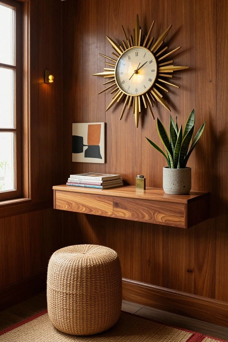Wood-paneled corner room with window, gold sunburst wall clock, abstract square artwork, snake plant in gray pot, floating wooden shelf holding stacked books and brass lighter, woven round stool, and red-trimmed rug on floor.