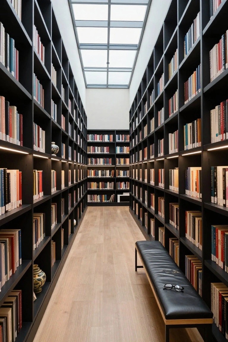 Narrow indoor hallway with tall black bookshelves lining both walls, wooden flooring, a central black bench with eyeglasses on it, ceramic vases on shelves, and a glass skylight overhead.