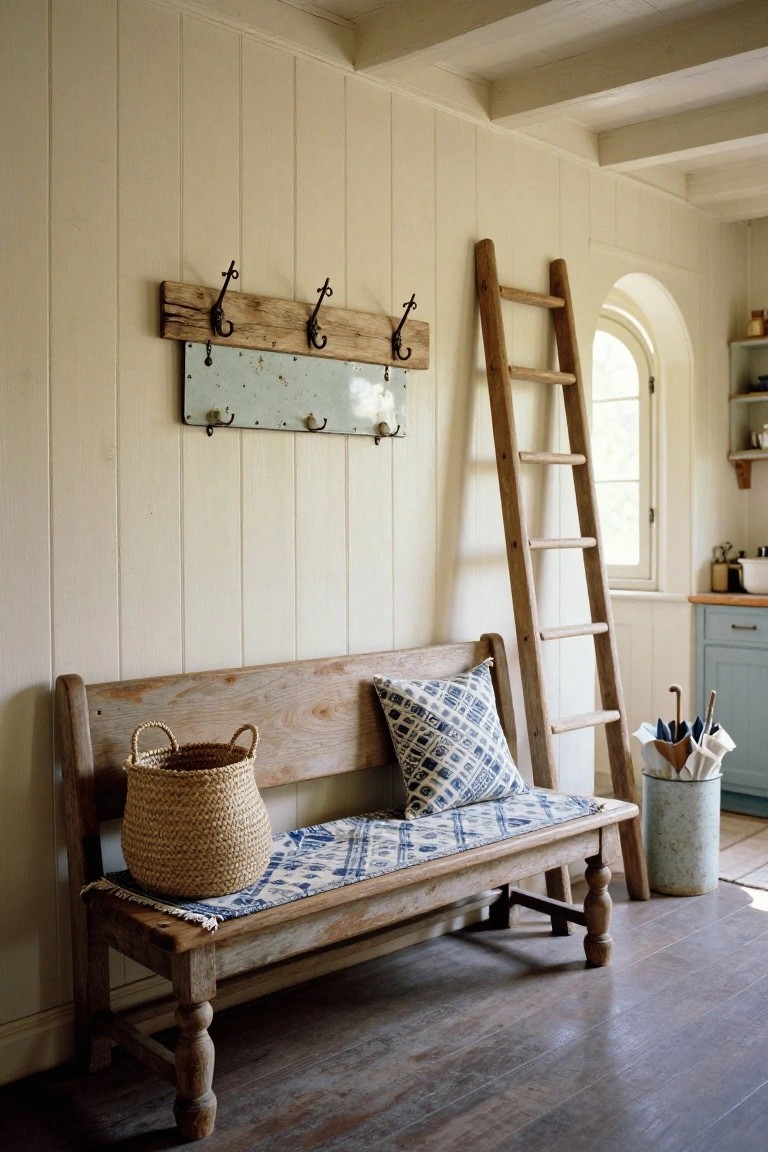 Wooden bench with blue patterned cushion and runner in a white paneled room, next to a leaning ladder, wall hooks with metal sign, wicker basket, and umbrellas by a window and cabinet.