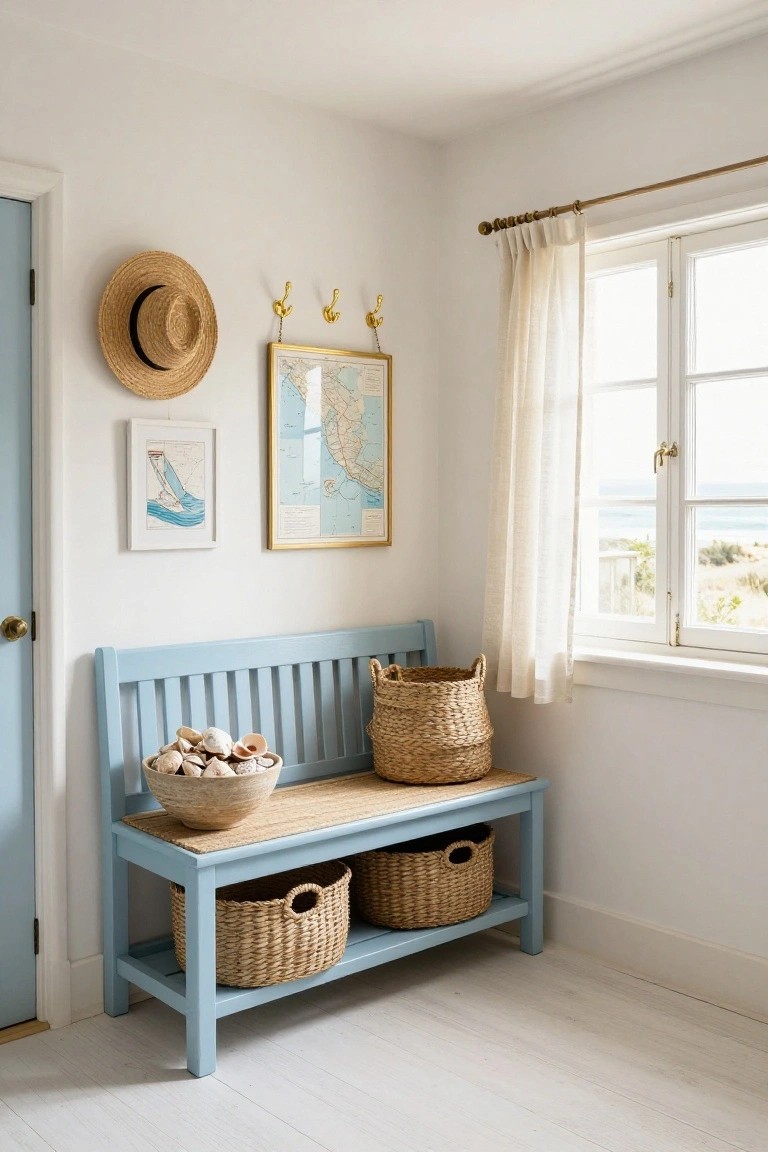 Blue painted wooden bench against a white wall in a hallway corner, with seagrass baskets on top holding seashells and underneath for storage, straw hat and nautical prints nearby, sheer curtains on window overlooking beach and dunes.