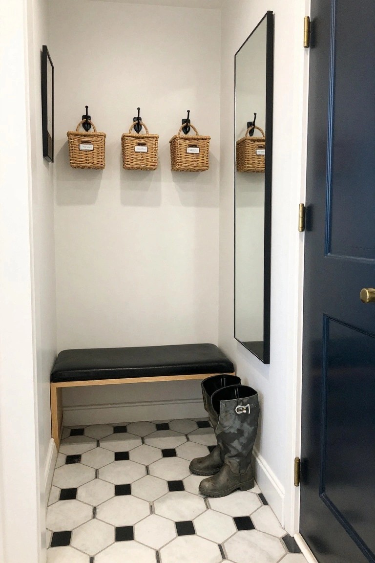Narrow white interior hallway featuring a black-cushioned wooden bench with tall camouflage-patterned rubber boots stored underneath, three woven baskets on black hooks above the bench, a full-length black-framed mirror on one wall, black and white hexagonal tile floor, and a dark blue paneled door.