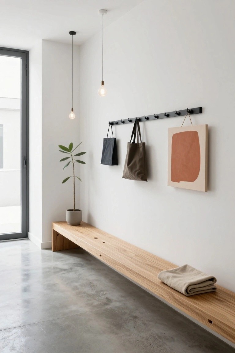 Modern white hallway featuring a long light wood bench with a folded throw, black wall-mounted rail with multiple hooks holding two bags, potted green plant, abstract beige and rust artwork, pendant lights, glass door, and polished concrete floor.