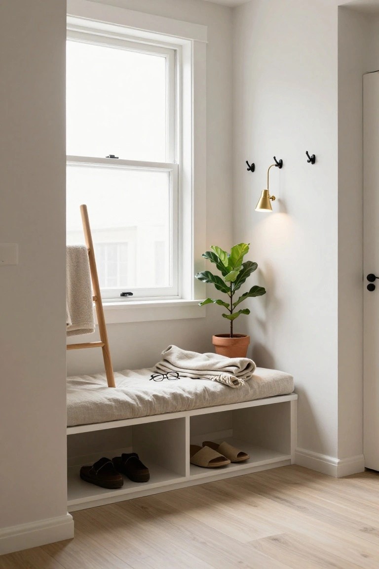White hallway corner with a cushioned linen bench on a white base with open cubbies holding brown shoes and tan slippers, wooden ladder towel rack draped with a beige towel, potted fiddle leaf fig plant in terracotta pot, black wall hooks, gold wall sconce, and large window overlooking outdoors on light wood floors.