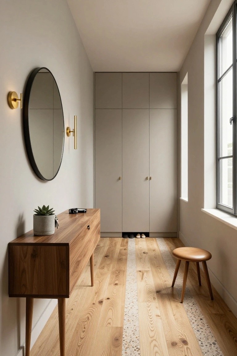 A narrow interior hallway with light grey walls, oak wood flooring featuring a central terrazzo stripe, tall grey built-in wardrobes with shoe storage at the base, a wooden console table holding keys and a potted succulent, a round black wall mirror with gold sconce, a small wooden stool, and shoes inside the storage.