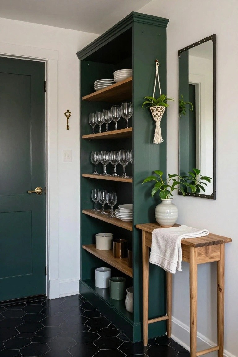 Tall emerald green built-in shelving unit in a hallway displaying white plates, glassware, ceramics, and potted plants on wooden shelves, next to a dark green door, black hexagonal floor tiles, a small wooden console table with a white towel, and a hanging plant.