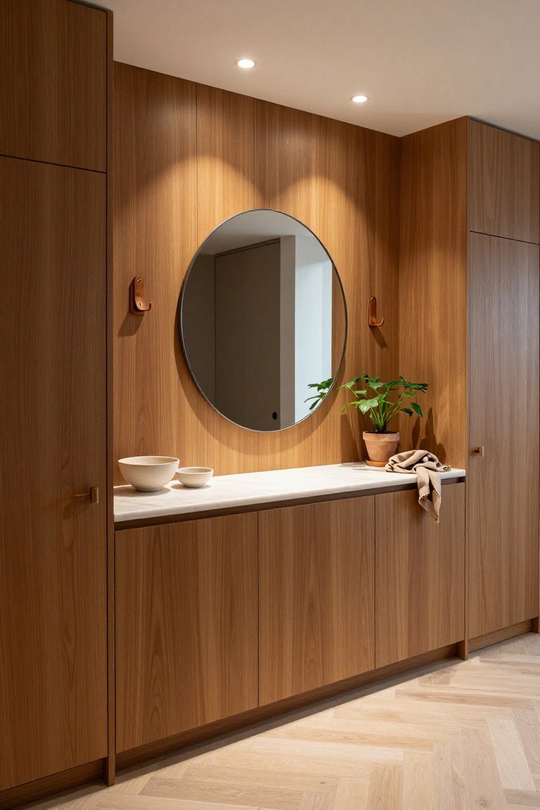 Tall wood-paneled cabinets flank a white marble console with two ceramic bowls, a folded cloth, and potted plant under a large round mirror in a hallway with warm lighting and herringbone oak flooring.