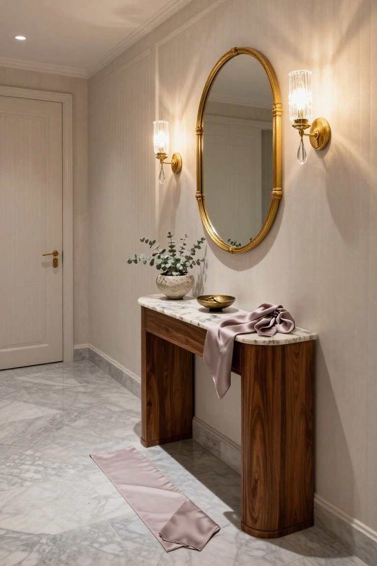 Hallway interior with light gray paneled walls, white doors, large gold-framed oval mirror, two glass wall sconces, wooden console table topped with white marble holding eucalyptus plant, brass bowl, and draped pink silk scarf, on gray marble floor with pink fabric runner.