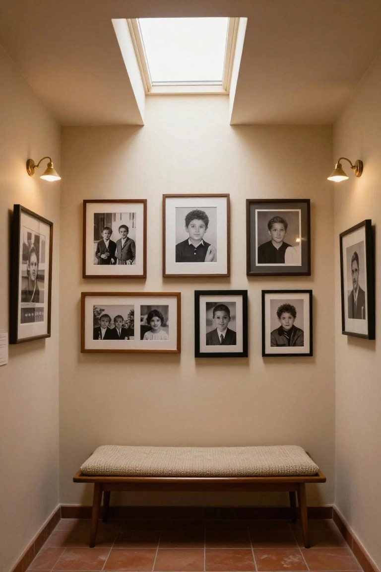 Narrow beige hallway nook with skylight overhead, multiple black-and-white framed family portraits on the walls, wooden bench with beige cushion below, brass wall sconces, and terracotta tile floor.