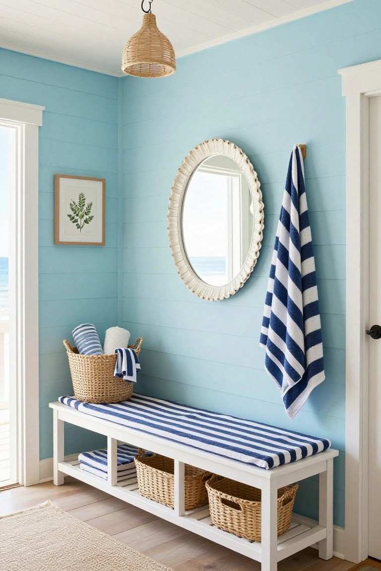 Blue shiplap-walled room with white wooden bench topped by blue-and-white striped cushion, wicker baskets underneath holding folded towels, large round mirror on wall reflecting ocean view through open door, and striped beach towel hanging nearby.