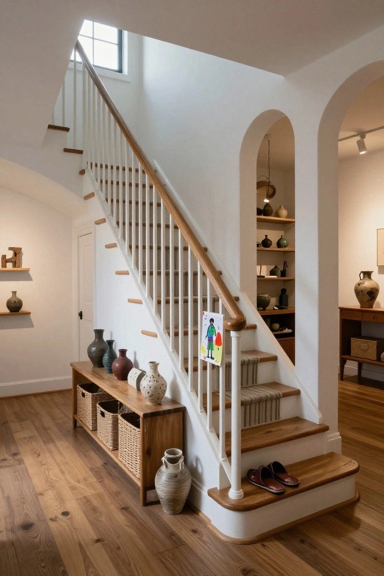 White-railed staircase with wood treads in a light entry hall, arched wall niches with shelves holding pottery, wooden bench with woven baskets and vases at the base, plus shoes on the bottom step.