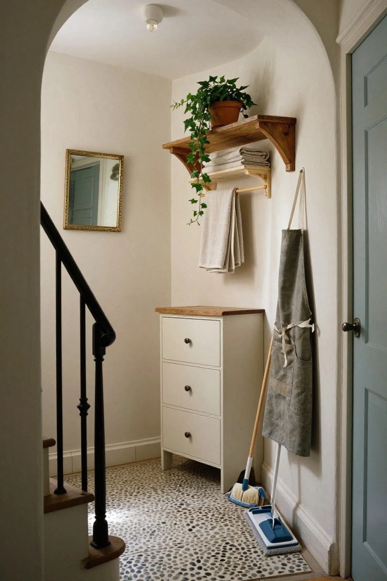 White hallway with arched doorway, black iron staircase, wooden wall shelf holding potted ivy and folded linens, hooks with gray apron and broom, white three-drawer dresser, gold-framed mirror, blue door, and black-and-white pebble floor.