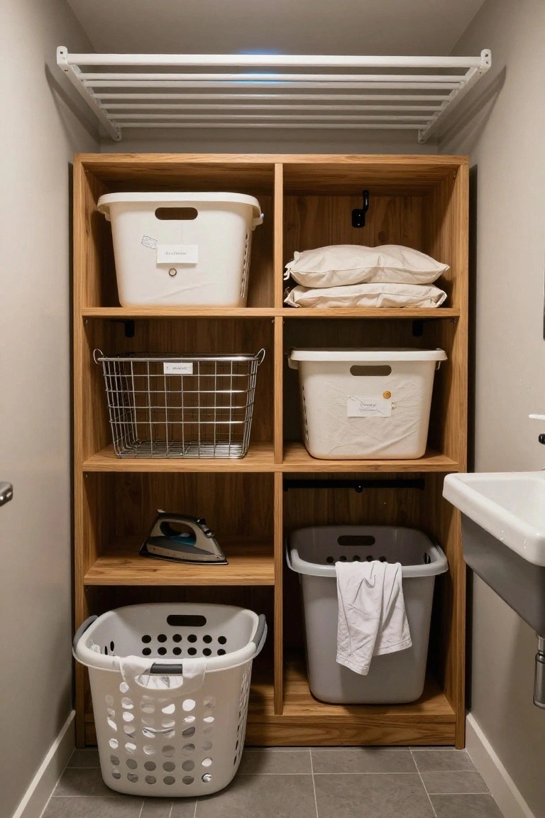 A wooden shelving unit in a compact laundry closet with labeled plastic bins, wire baskets, pillows, an iron, sink, and several hampers on the floor.