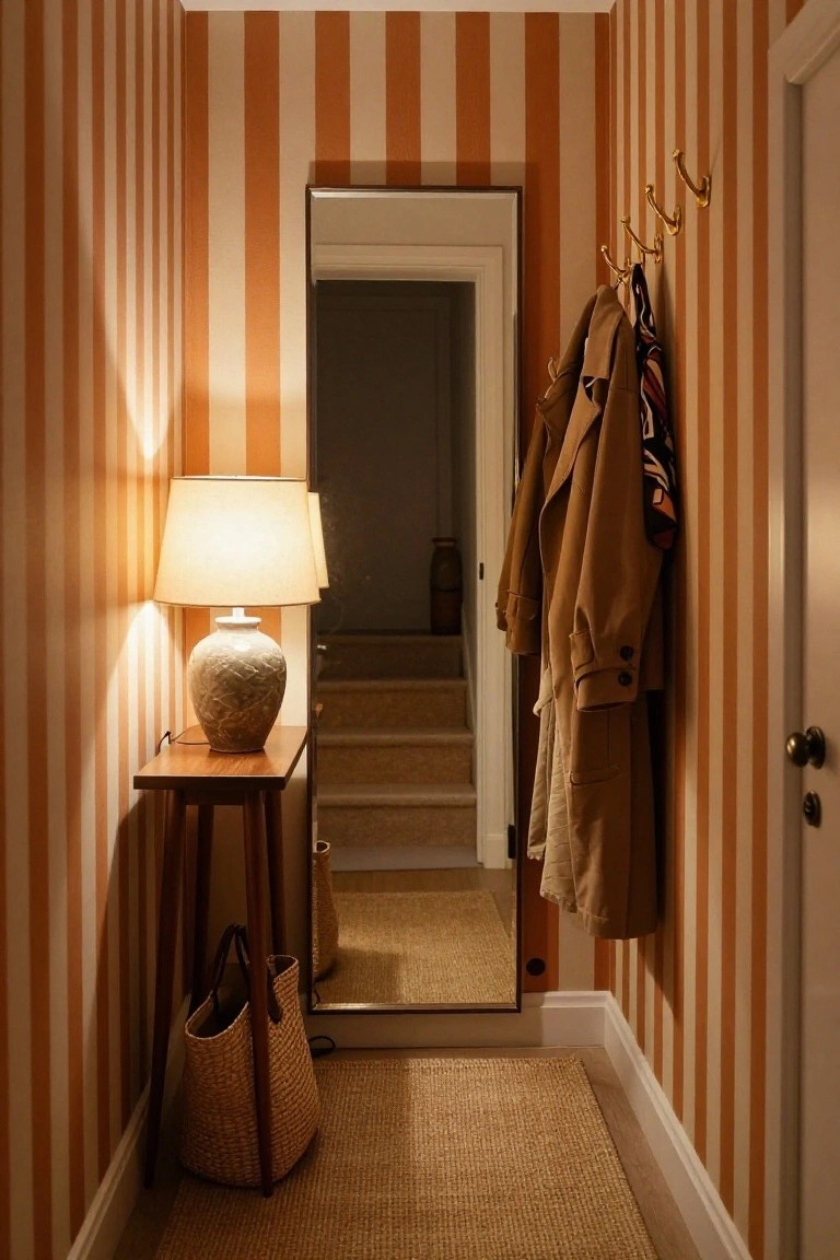 Narrow hallway with orange and cream vertical striped walls, full-length mirror opposite a door, wooden console table holding a ceramic lamp and vase, brass coat hooks with hanging trench coat and scarf, woven basket on floor, and seagrass runner rug.