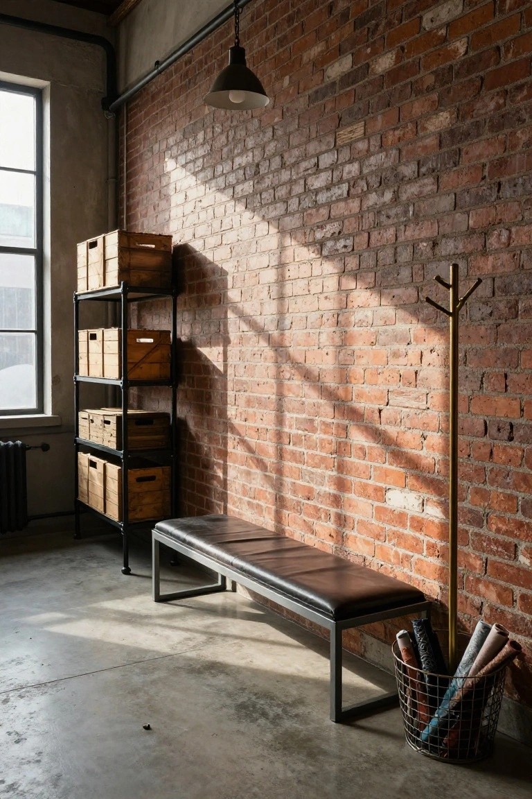 Sunlit industrial hallway with exposed brick walls, black metal shelving stacked with wooden crates, leather bench on metal legs, brass coat rack, radiator, pendant light, window, and wire basket of rolled fabrics on concrete floor.