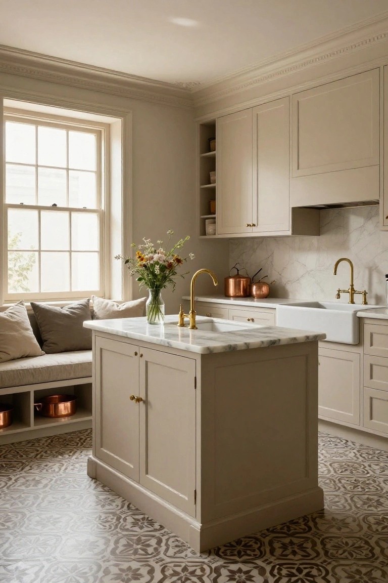 Light beige Shaker-style kitchen featuring a central freestanding island with white marble countertop, built-in bench seating with gray cushions, brass faucets, white farmhouse sink, marble backsplash, copper pots, and patterned beige floor tiles.
