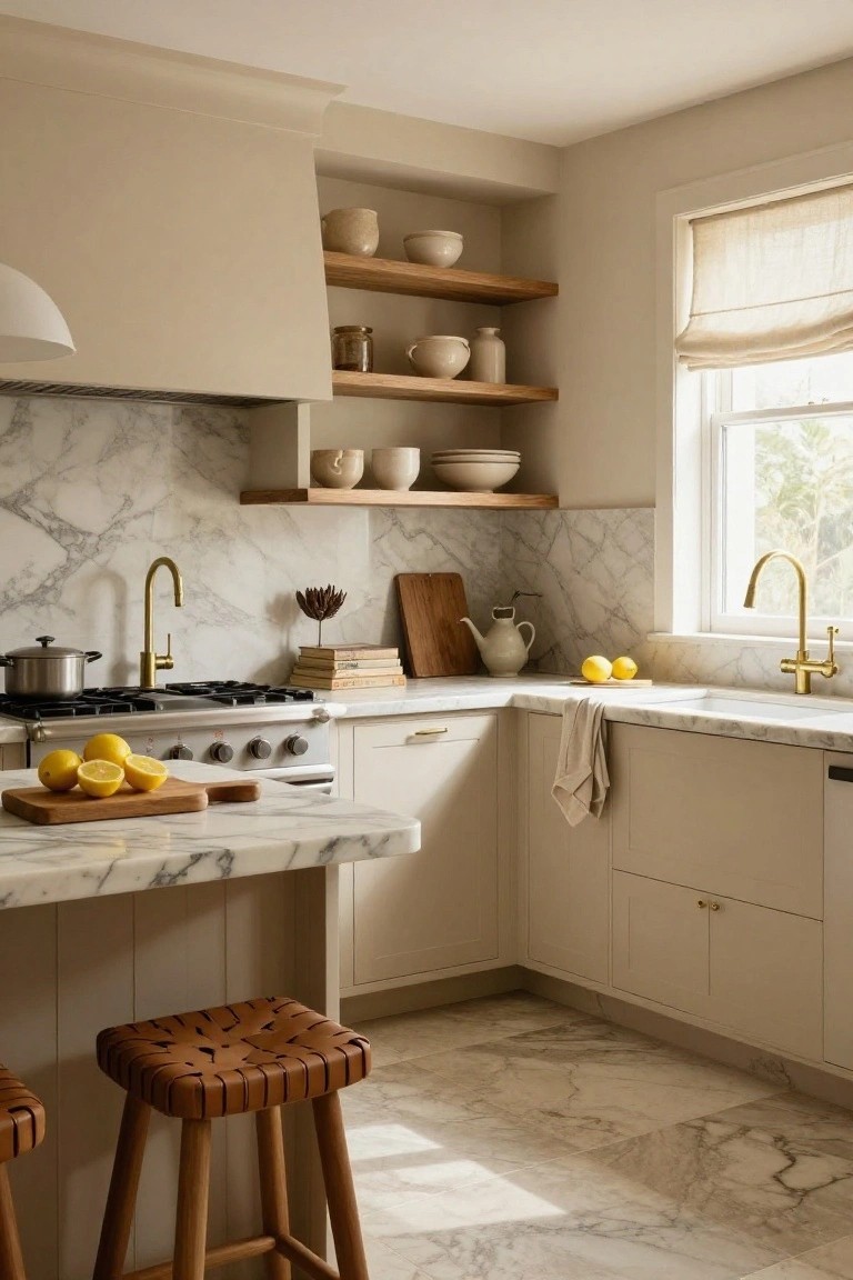 A light beige kitchen with Shaker-style cabinets, Calacatta marble backsplash and countertops, brass faucets at sink and island, wooden bar stools, open oak shelving with pottery, and lemons on the cutting board.
